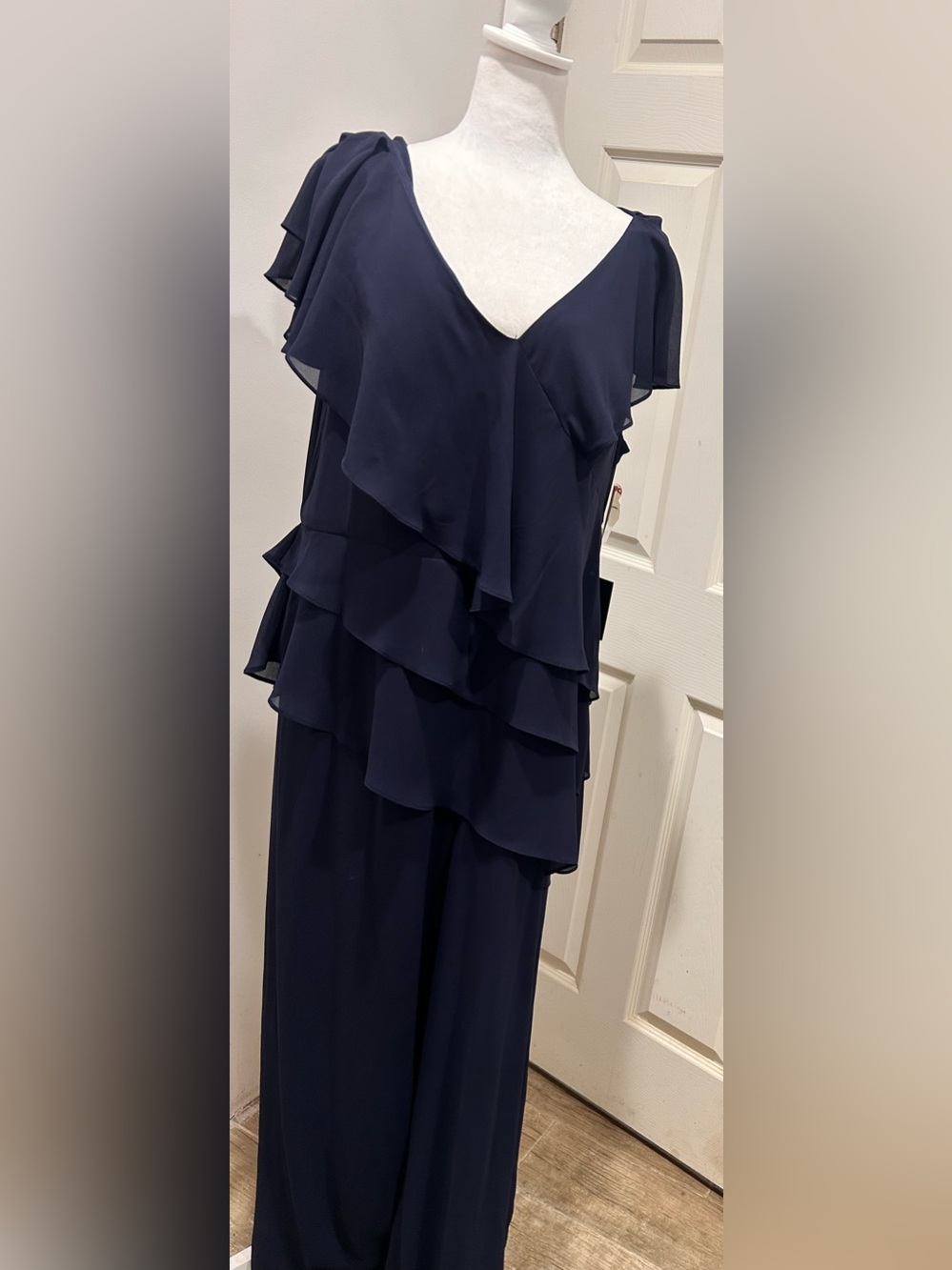 MARINA Navy Layered Asymmetrical Ruffle Jumpsuit